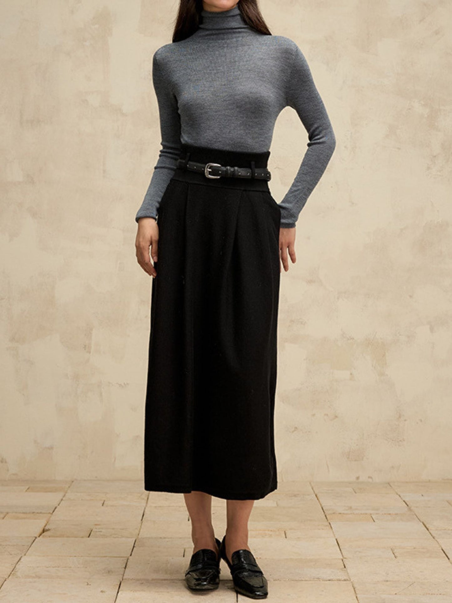 High-Waisted Wool Blend Skirt with Belt