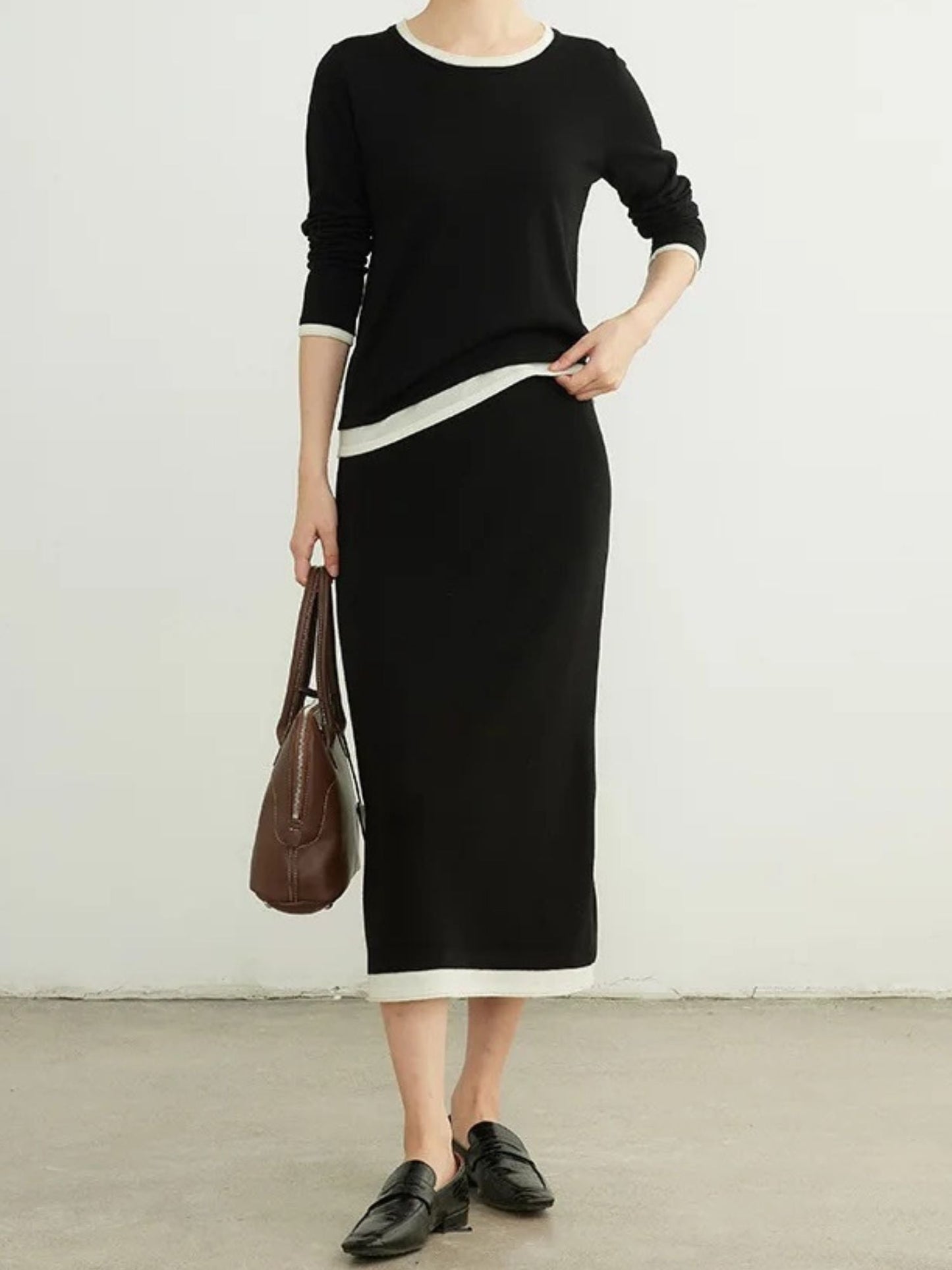 Midi-Length Knitted Skirt with Patchwork Details