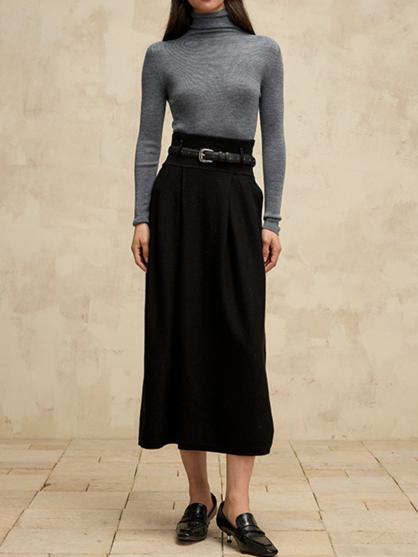 High-Waisted Wool Blend Skirt with Belt