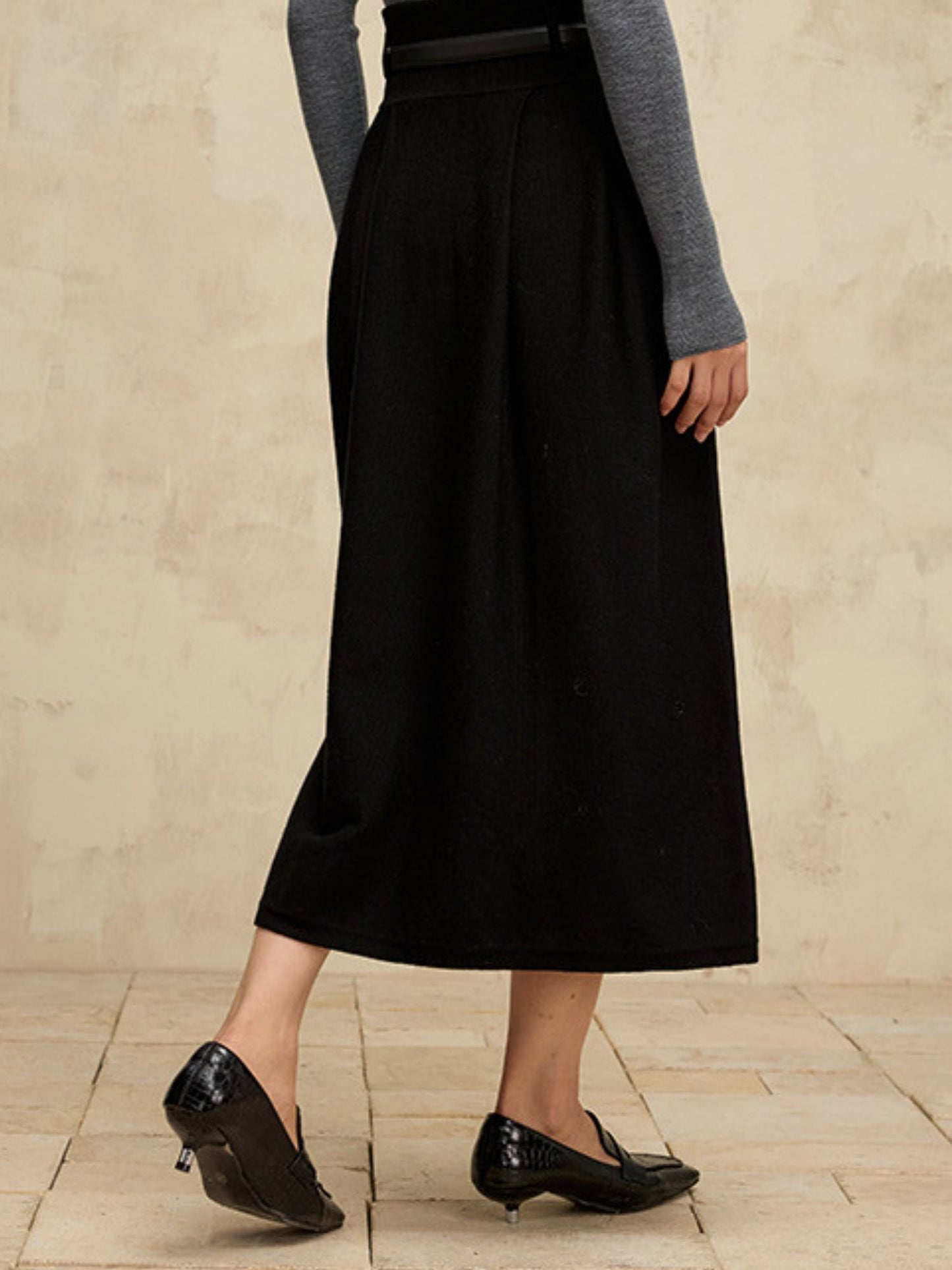 High-Waisted Wool Blend Skirt with Belt