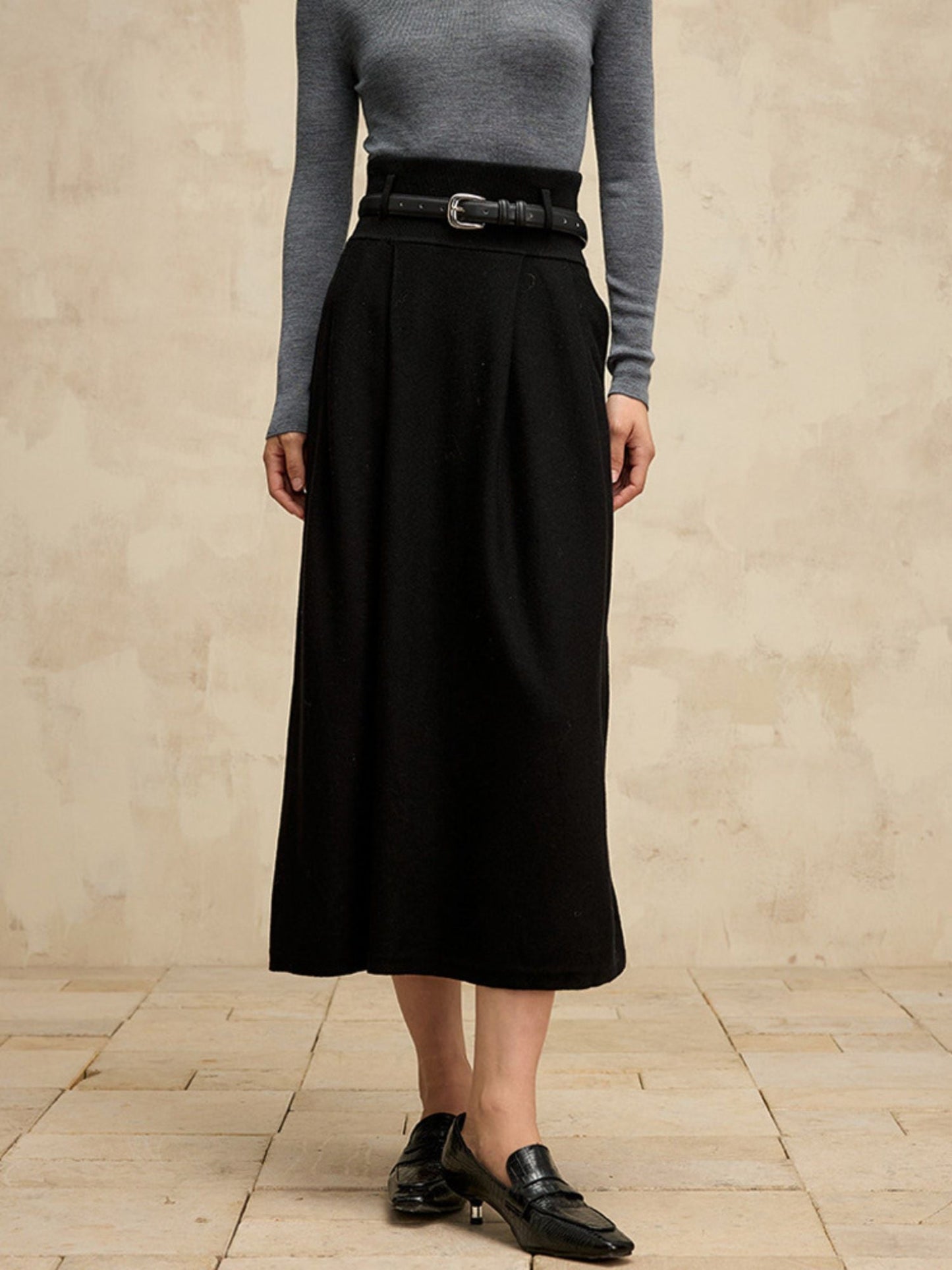 High-Waisted Wool Blend Skirt with Belt