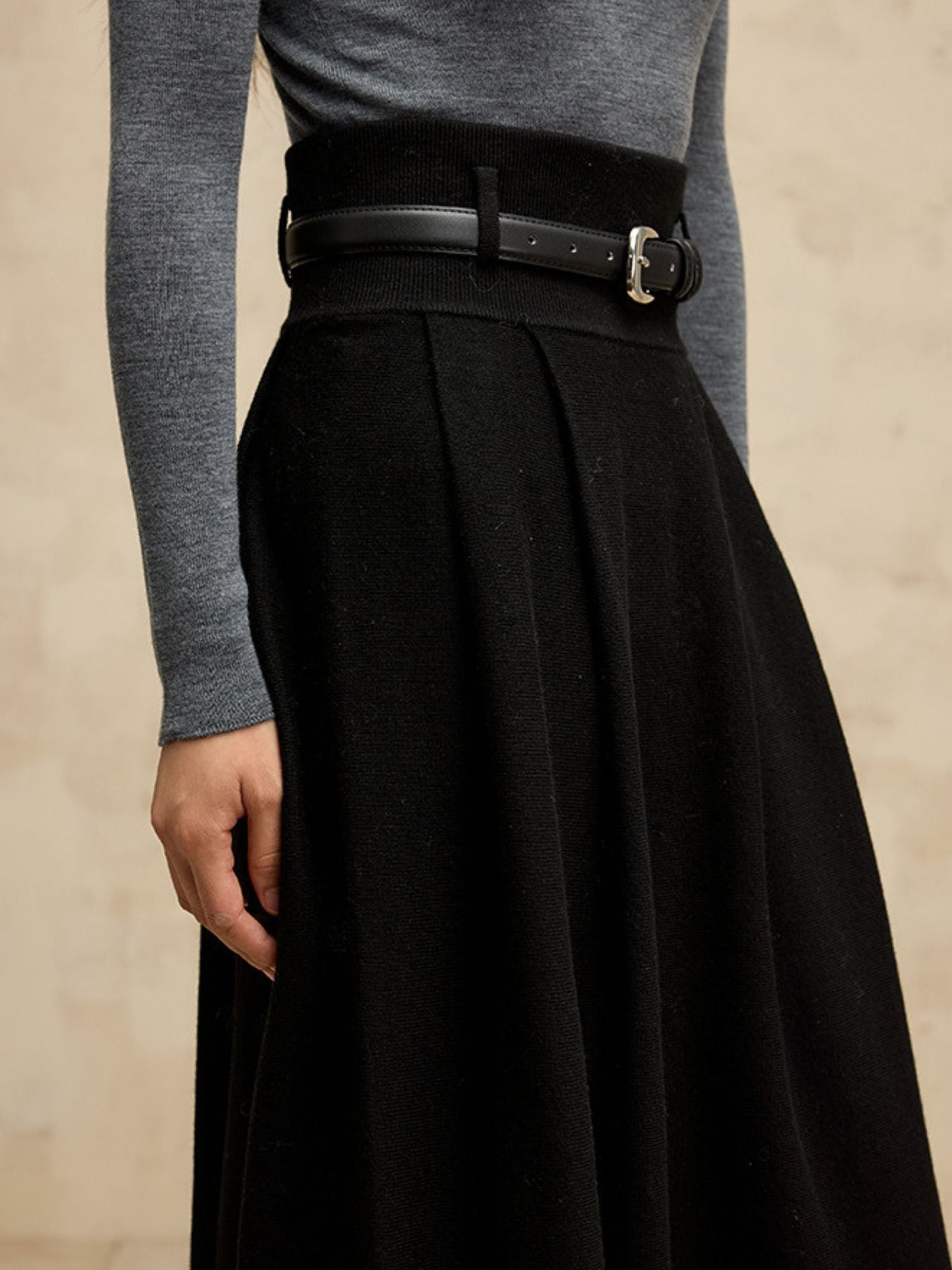 High-Waisted Wool Blend Skirt with Belt