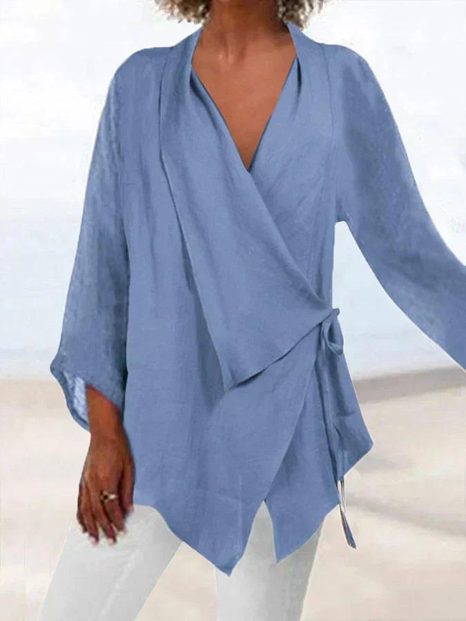 Silvique | Cotton-Linen Wrap Blouse with Bow