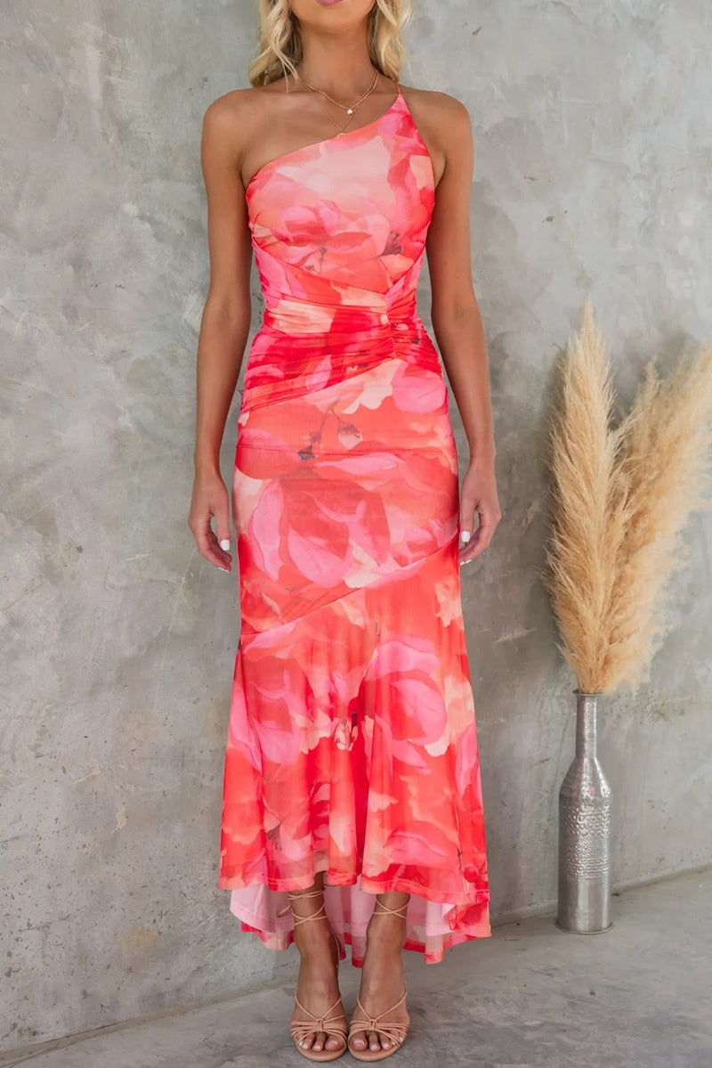 Silvique | Stylish One-Shoulder Pleated Summer Dress with Eye-Catching Print