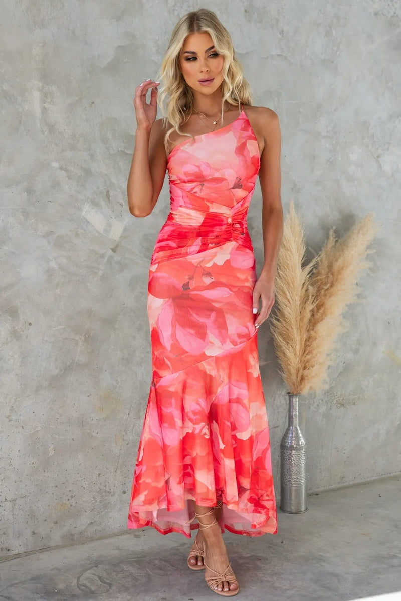 Silvique | Stylish One-Shoulder Pleated Summer Dress with Eye-Catching Print