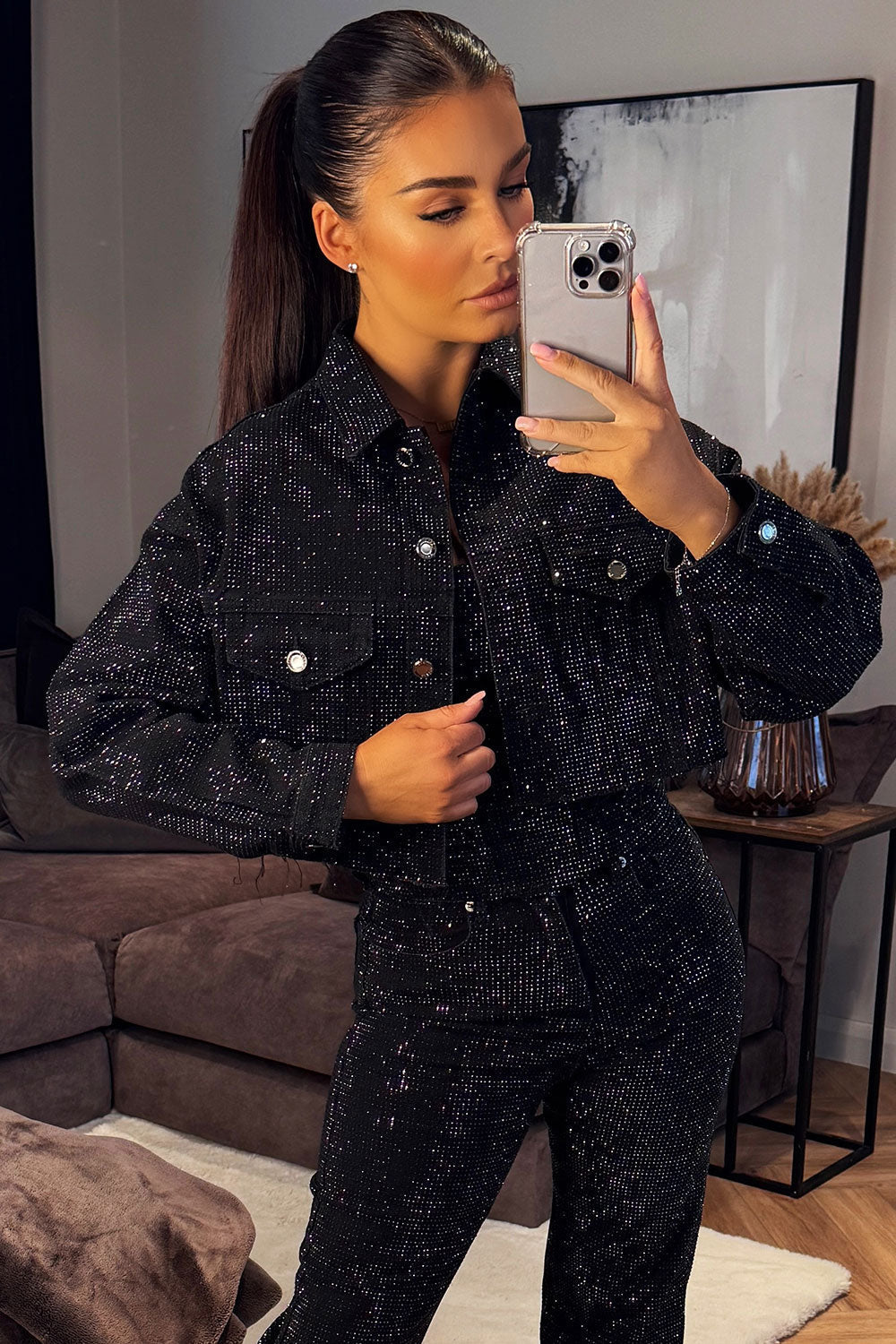 Silvique | Rhinestone Denim Jacket Black