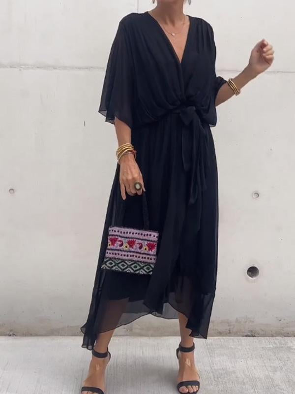 Elegant Green Wrap Dress with Waist Tie
