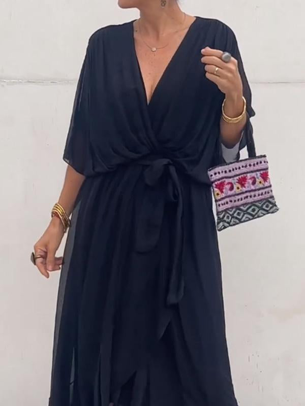 Elegant Green Wrap Dress with Waist Tie