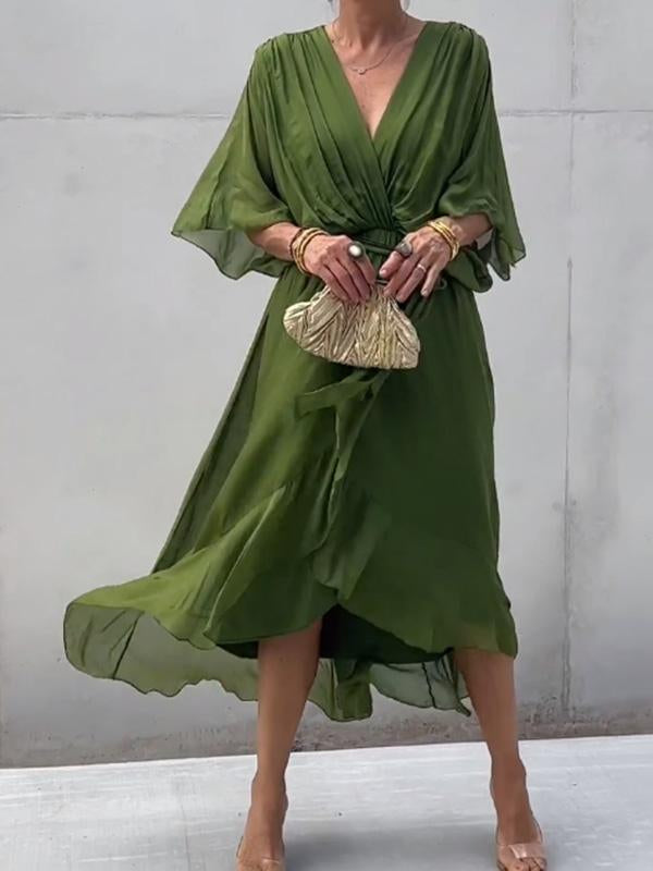 Elegant Green Wrap Dress with Waist Tie