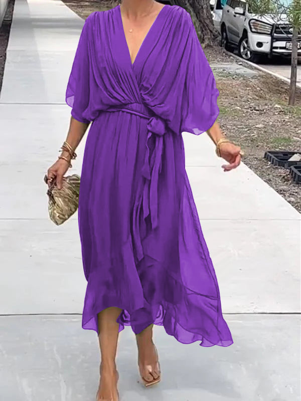 Elegant Green Wrap Dress with Waist Tie