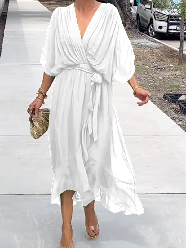 Elegant Green Wrap Dress with Waist Tie