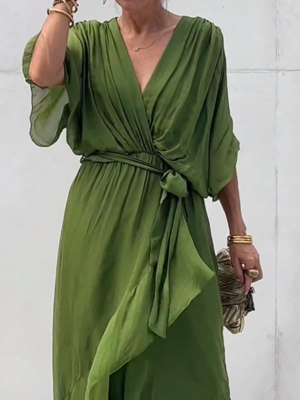 Elegant Green Wrap Dress with Waist Tie
