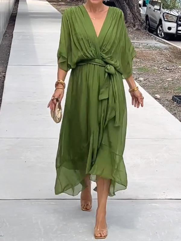 Elegant Green Wrap Dress with Waist Tie