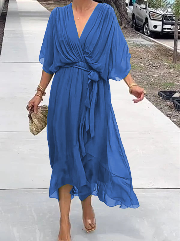 Elegant Green Wrap Dress with Waist Tie