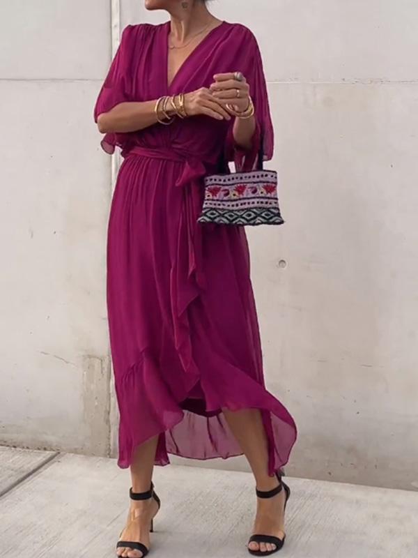 Elegant Green Wrap Dress with Waist Tie