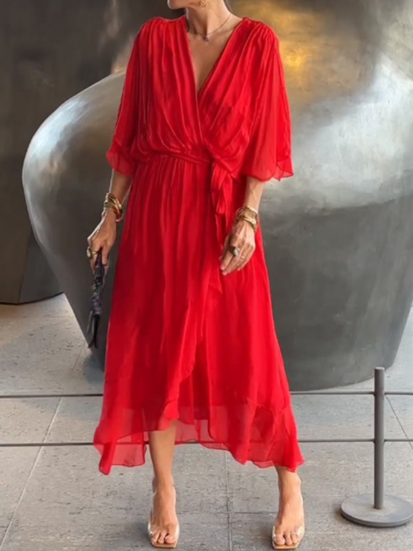 Elegant Green Wrap Dress with Waist Tie