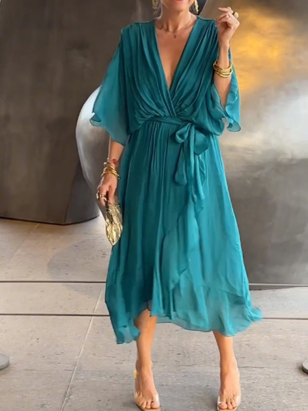 Elegant Green Wrap Dress with Waist Tie