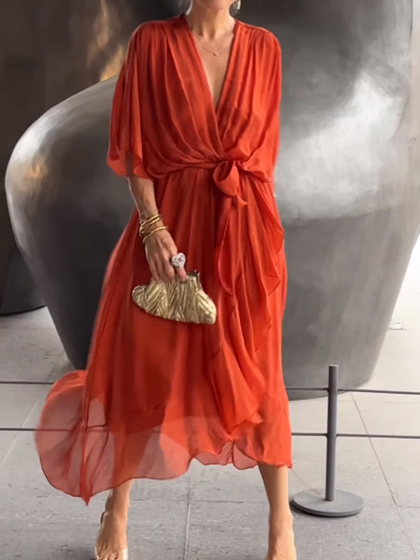 Elegant Green Wrap Dress with Waist Tie