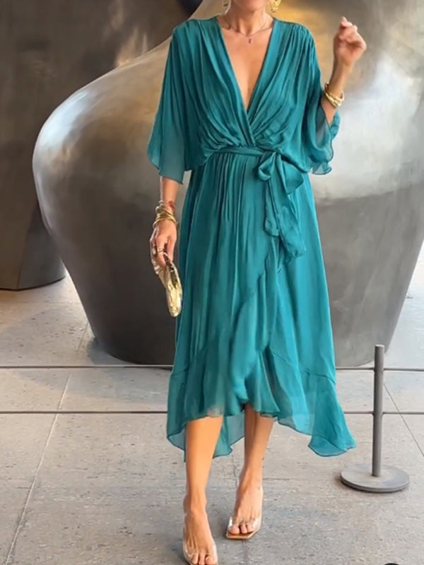 Elegant Green Wrap Dress with Waist Tie