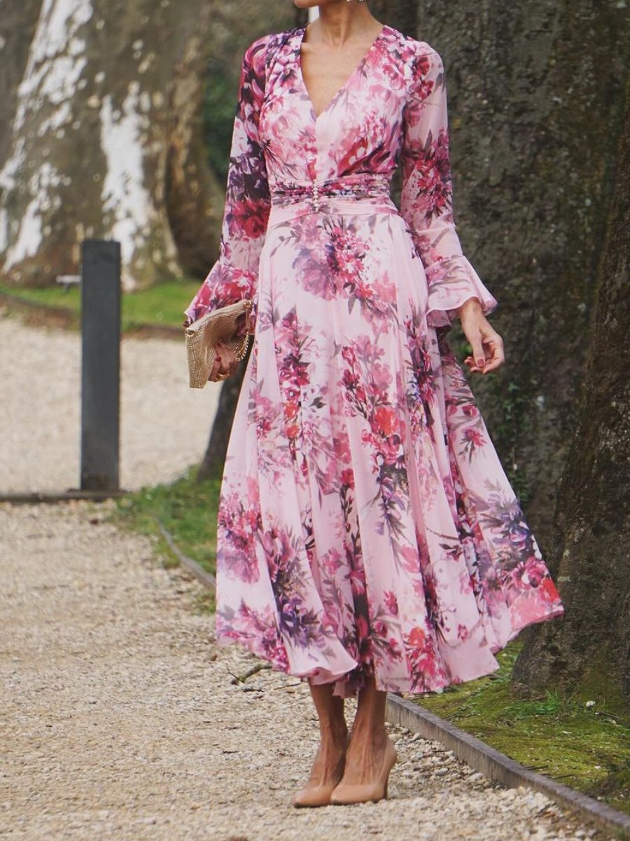 Silvique | Elegant Peach Blossom Dress with Print