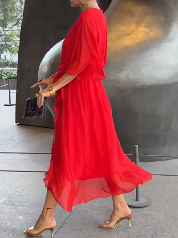 Elegant Green Wrap Dress with Waist Tie