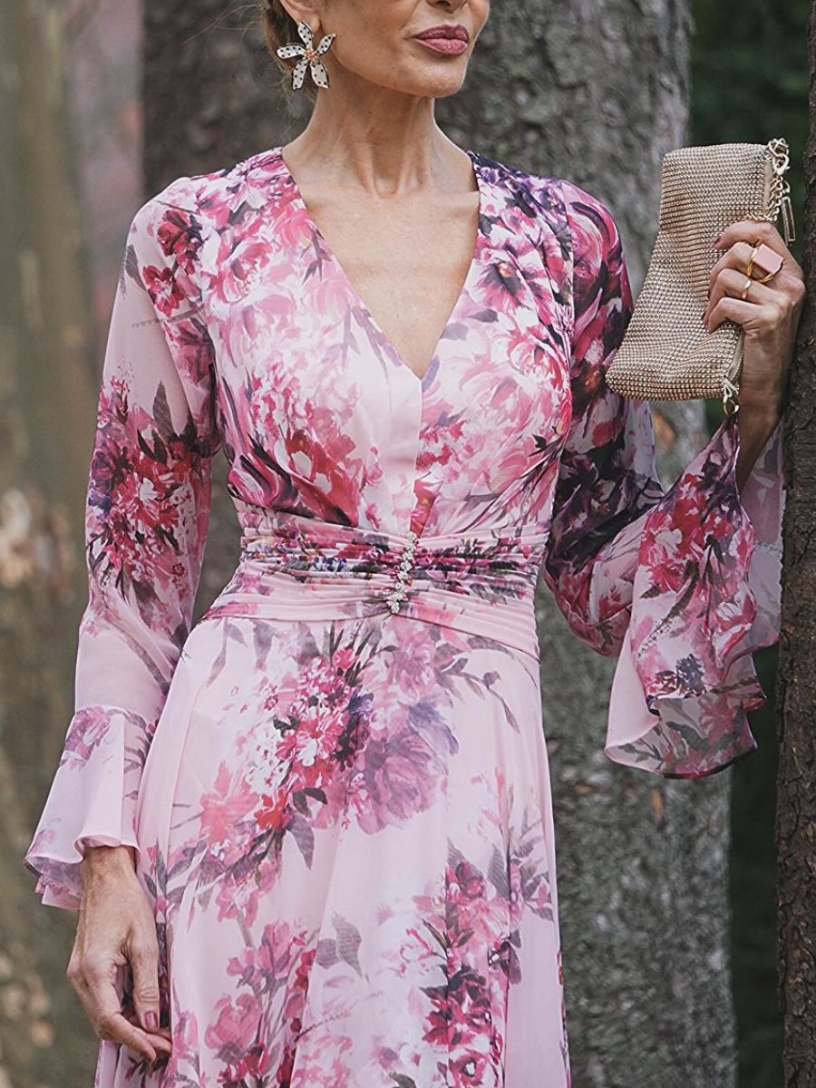 Silvique | Elegant Peach Blossom Dress with Print