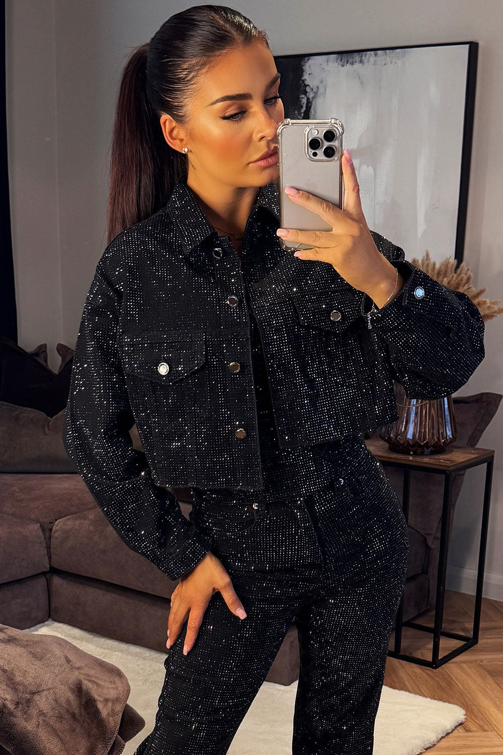 Silvique | Rhinestone Denim Jacket Black