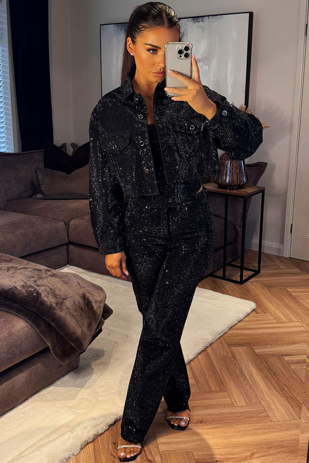 Silvique | Rhinestone Denim Jacket Black