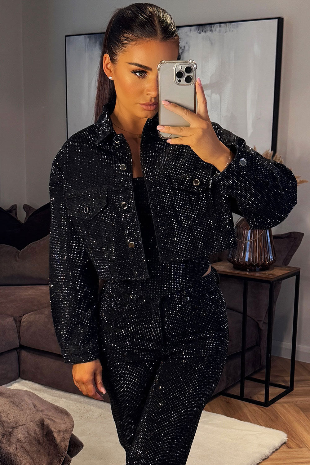 Silvique | Rhinestone Denim Jacket Black