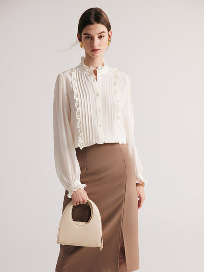 Pleated Blouse with Ruffle Trim