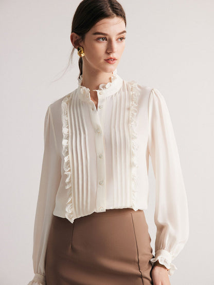 Pleated Blouse with Ruffle Trim