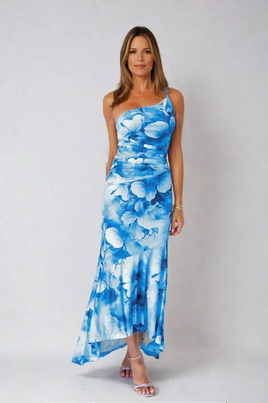Silvique | Stylish One-Shoulder Pleated Summer Dress with Eye-Catching Print