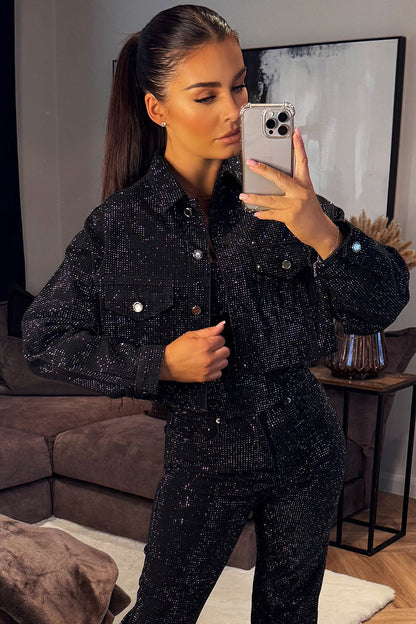 Silvique | Rhinestone Denim Jacket Black