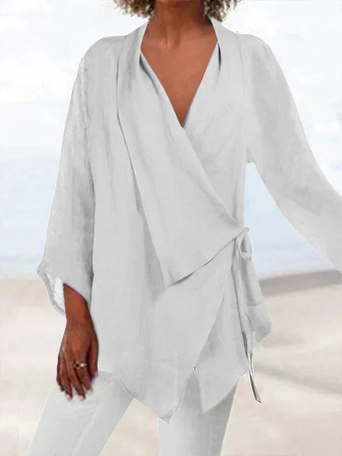 Silvique | Cotton-Linen Wrap Blouse with Bow