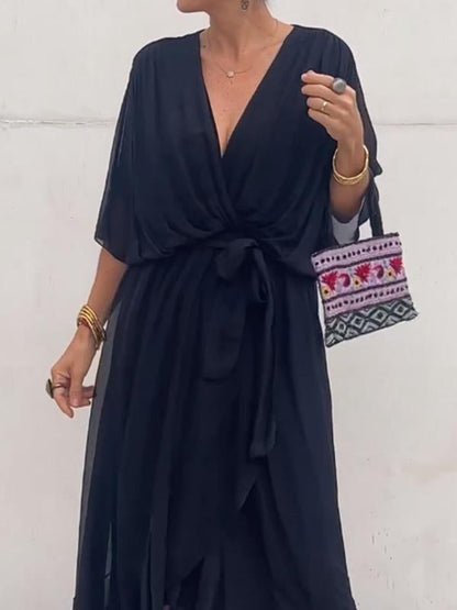 Elegant Green Wrap Dress with Waist Tie