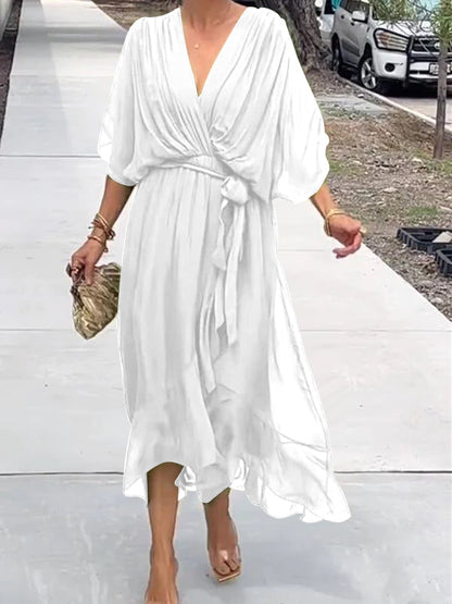 Elegant Green Wrap Dress with Waist Tie