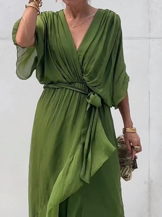Elegant Green Wrap Dress with Waist Tie