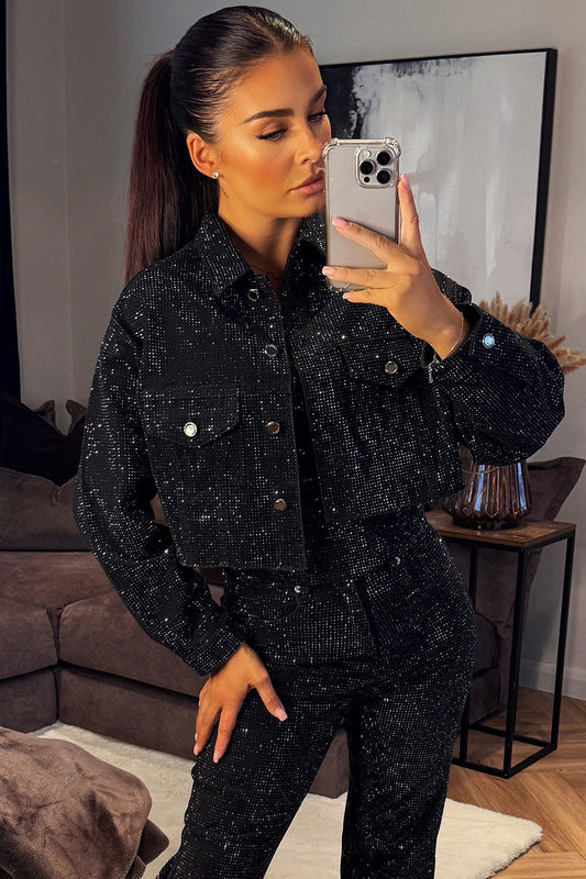 Silvique | Rhinestone Denim Jacket Black