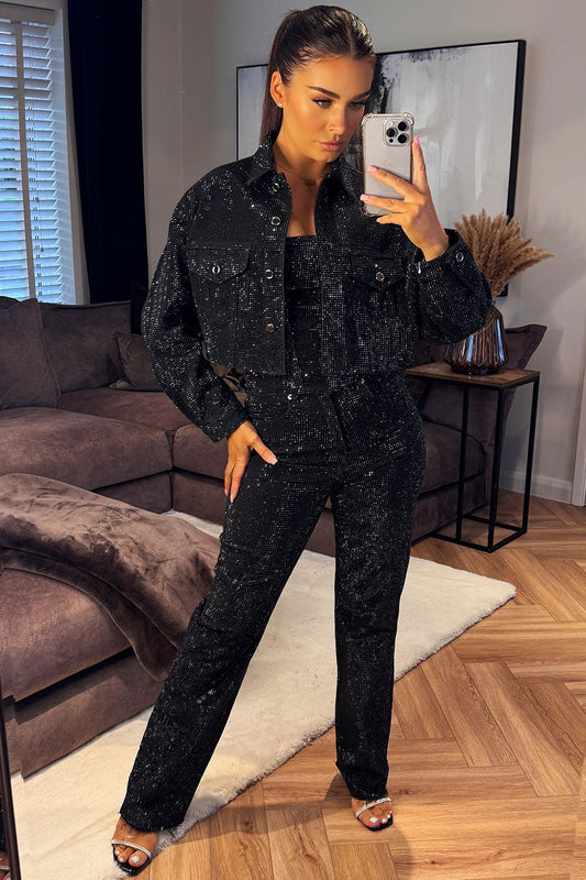 Silvique | Rhinestone Denim Jacket Black